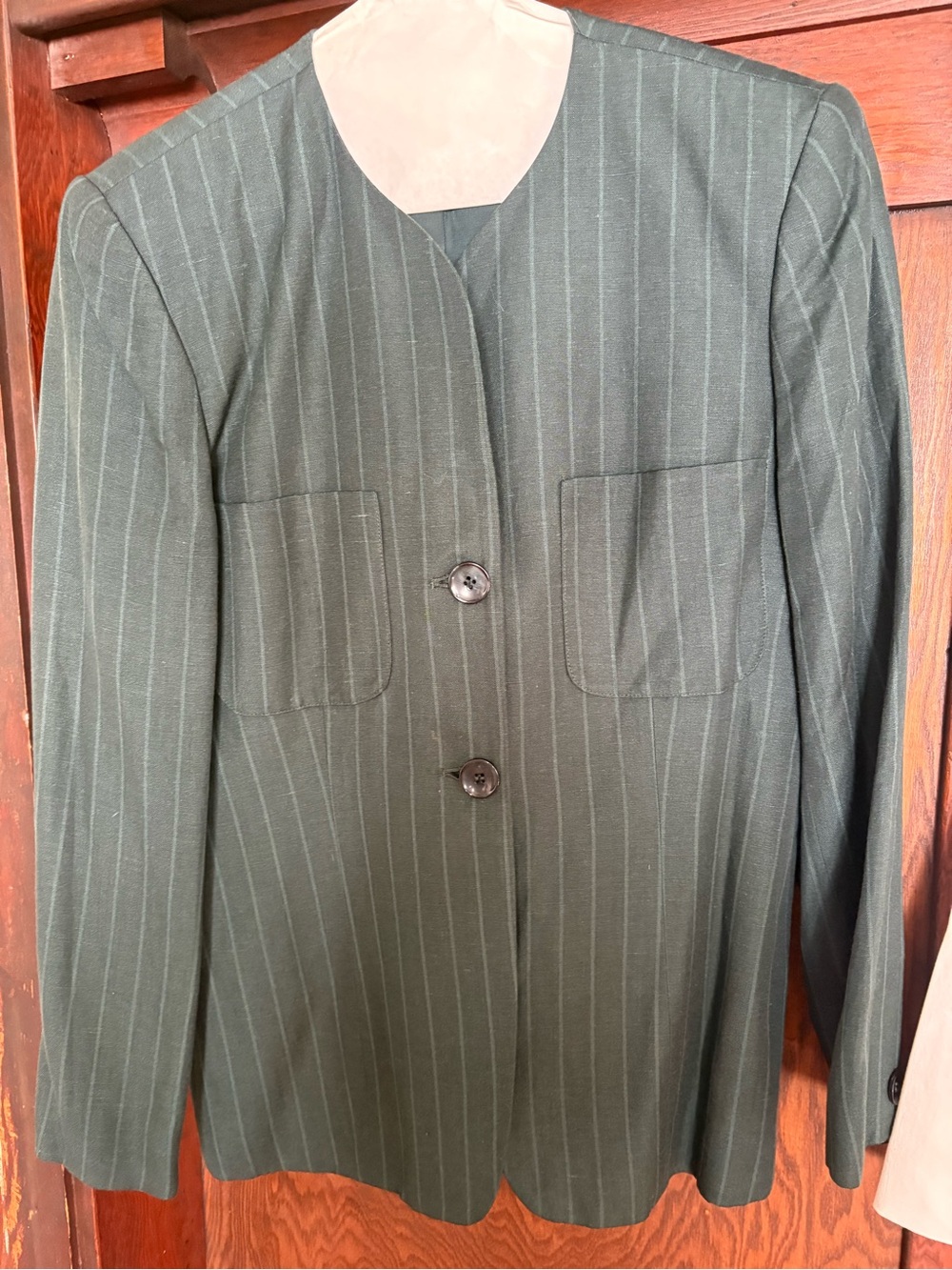 Jones New York Forest Green Pinstripe Collarless Blazer